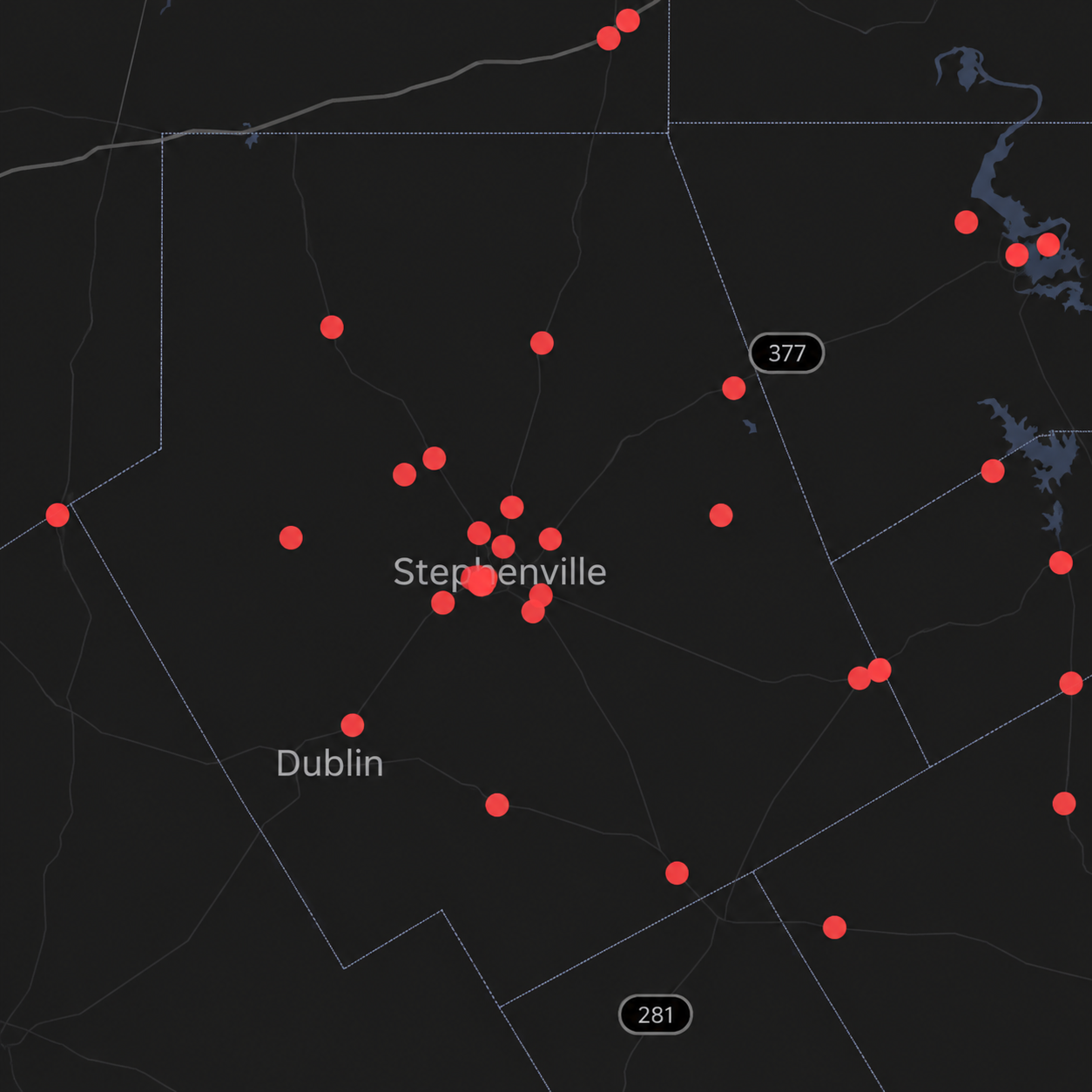 DeFlock map centered on Stephenville and Dublin showing reported camera locations