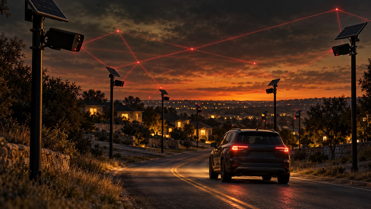 Conceptual illustration of roadside surveillance cameras above a family car at dusk